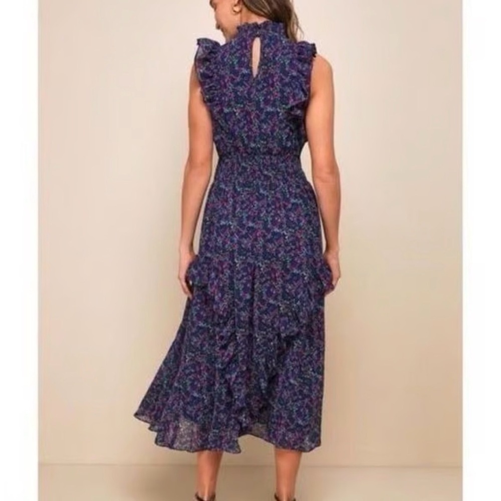 Lulu's Floral Ruffle Midi Dress - Navy and Pink - Picture 2 of 8